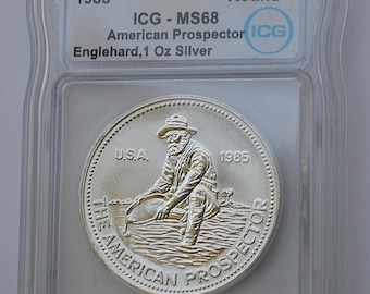 1985 Engelhard American Prospector 1 Troy Oz Silver Round ICG Graded MS68- .999 Fine Silver Coin Bullion - Coins -  Silver - Good Date
