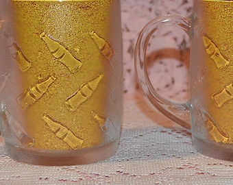 Vintage Set of Two Coca Cola Mugs with Embossed Bottles and Frosted Look, Excellent Used Condition, Coca Cola Bottle Mugs