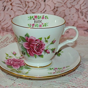 Beautiful Crown Trent Staffordshire England Fine Bone China- Tea Cup and Saucer - Elegant Red Roses Flowers - April on Cup - Vibrant Colors