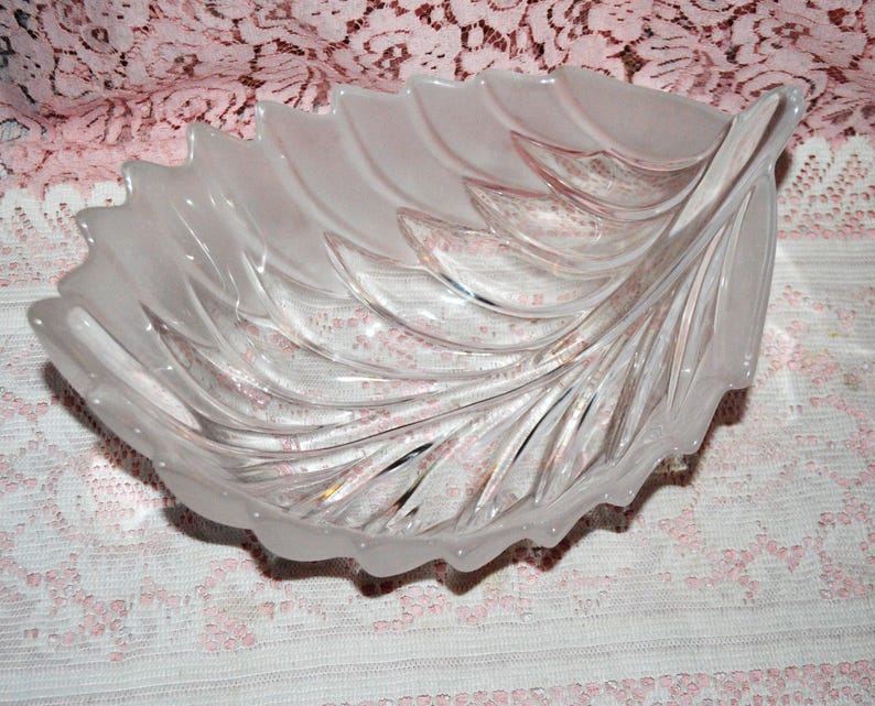 A Solid Clear Glass Leaf Shaped Dish. Beautiful Design Use as Serving