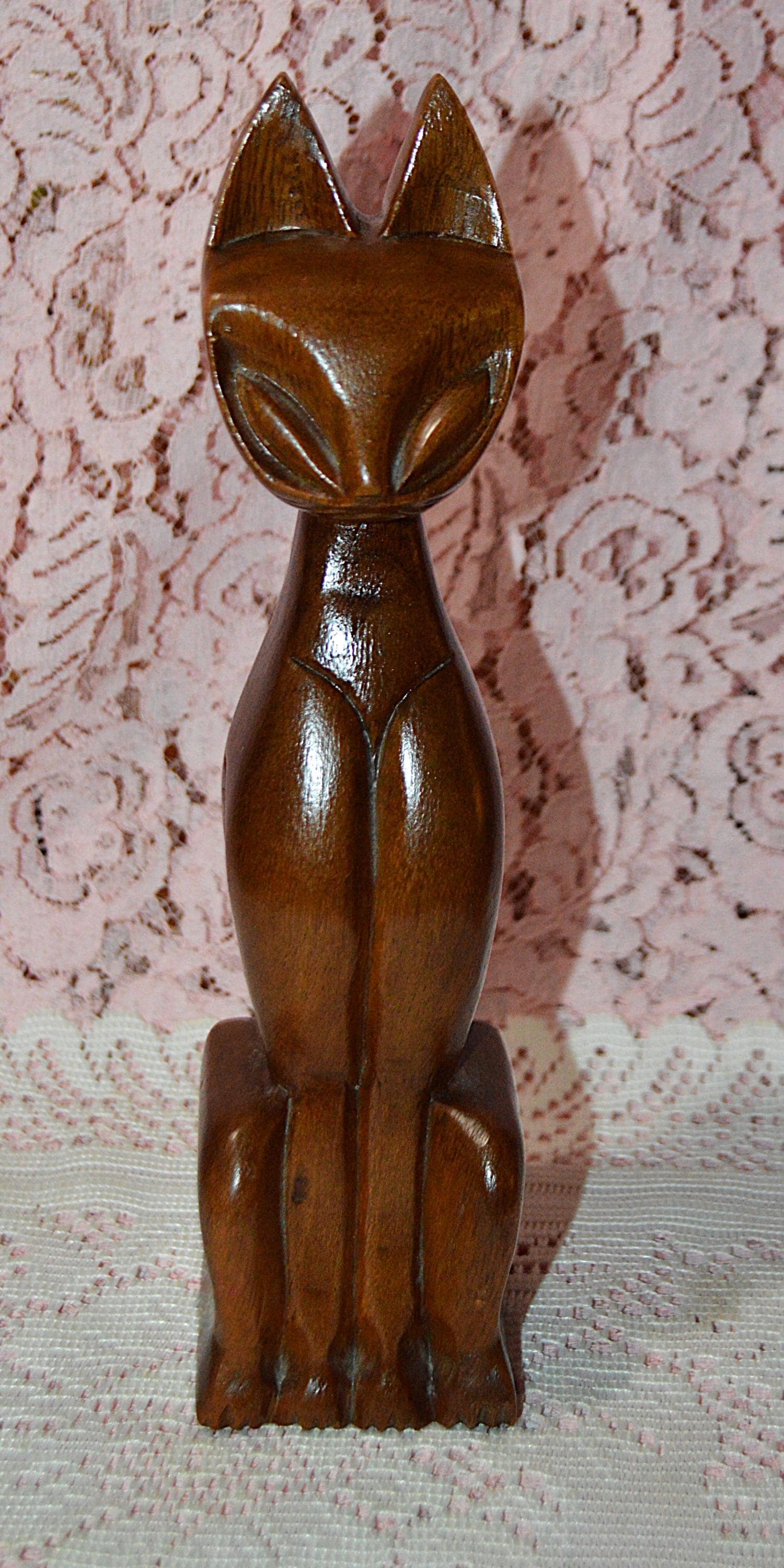 飾り台 猫脚 ぶどうの透かし彫り 約81cm Vintage 1960s Wooden Asian Carved Cat Figuresculpture Statue