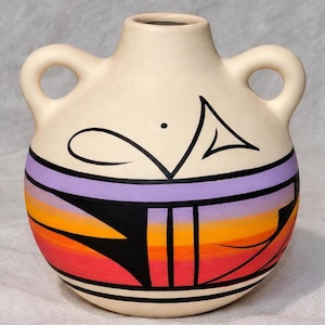 Cedar Mesa Pottery Indian Rainbow Double Handle Jug 4" – Hand-Painted Signed Navajo Native American Southwestern Pottery - Western Ranch Set