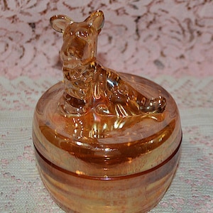 Vintage 1940s Marigold Jeanette Carnival Glass Scottie Dog Powder Jar Trinket Vanity - Beautiful Vibrant Color - Beautiful Condition