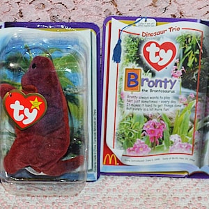 Set of Two -McDonald&#39;s TY - 1995 Bronty the Brontosaurus Teenie Beanie Baby Rare Retired - TY REX The Tyrannosaurus 1994 McDonald&#39;s Beanie