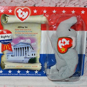TY Righty the Elephant McDonald&#39;s TY, American Trio, Teenie Beanie Baby 1996, New in Package