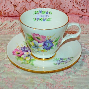 Beautiful Crown Trent Staffordshire England Fine Bone China- Tea Cup and Saucer - Elegant Wild Flowers  - January on Cup - Vibrant Colors