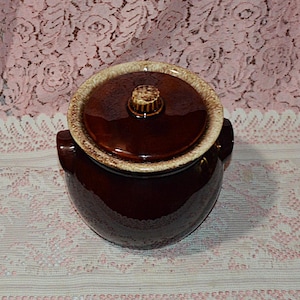 Hull Brown Drip Glaze Bean Pot Cookie Jar with Lid Oven Proof USA Round Canister - Vintage 1960s Farmhouse Ranch Decor