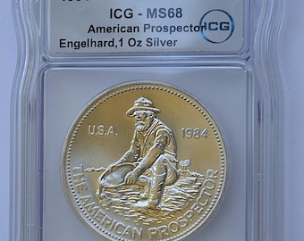1984 Engelhard American Prospector 1 Troy Oz Silver Round ICG Graded MS68 - .999 Fine Silver Coin - Coins - Silver