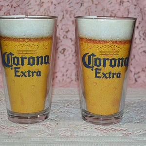 Set of Two Vintage Corona Extra Pint Glasses - Blue Letters - Yellow Crown 16 oz Beer Glasses - Collectible Pint Mugs