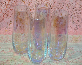 Set of (4) Four 8oz. vintage stemless champagne Iridescent flutes, Mimosa, cocktail toasting glasses - Beautiful Hue to Glass - Barware