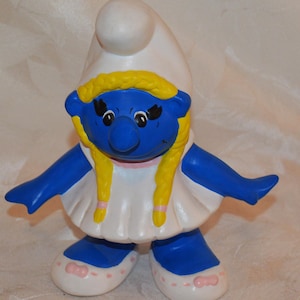 Vintage 1982 Ceramic 8&quot; Tall Bootleg Smurfette Smurfs Figure - Blue with Pink Trim Slippers and Yellow Hair - Hand Painted - Hallmarked