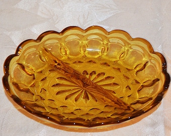 Vintage Indiana Glass Kings Crown Thumbprint Divided Dish, Oval, Amber Gold Colored Glass - Excellent Condition