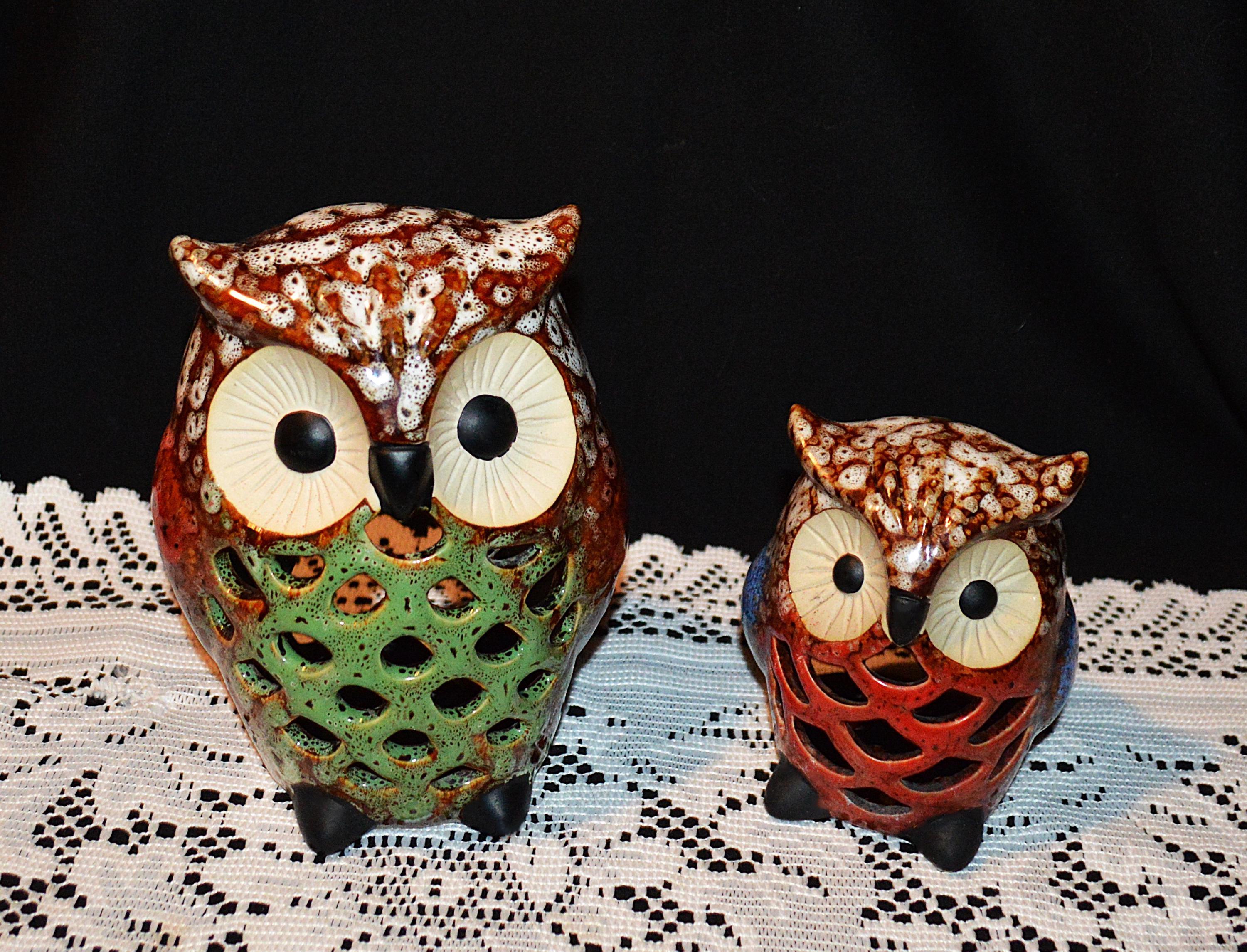 Set of Two Mother and Baby Vintage Stoneware Pottery Brown and Colored Glazed Owls Tea light Candle Holders - Farmhouse, Cabin, Ranch Decor