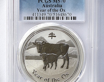 2009 P - Year Of The Ox 1 Oz. .999 Fine Silver Australia 1 Dollar - Graded MS70 PCGS Blue Label - Strong Strike