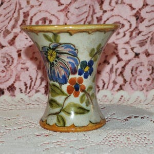 Antique Royal Gouda Holland Art Studio Hand Painted Pottery Vase 2841 Bertino Art Pottery ~ Marked - Blue an Yellow Floral 3 7/8 inches Tall