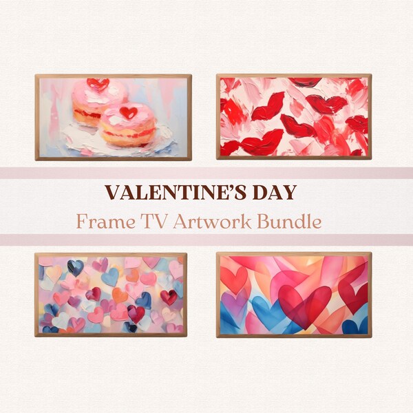 Samsung Frame TV Art Saint-Valentin Ensemble de 4 | Art pour LG Frame TV Bundle de téléchargement numérique | Coeurs roses, rouges et macarons Art de la Saint-Valentin