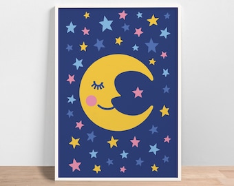 Mond und Sterne Kinderzimmer Kunst: Bunt Kinderzimmer Dekor (Digitaler Download)