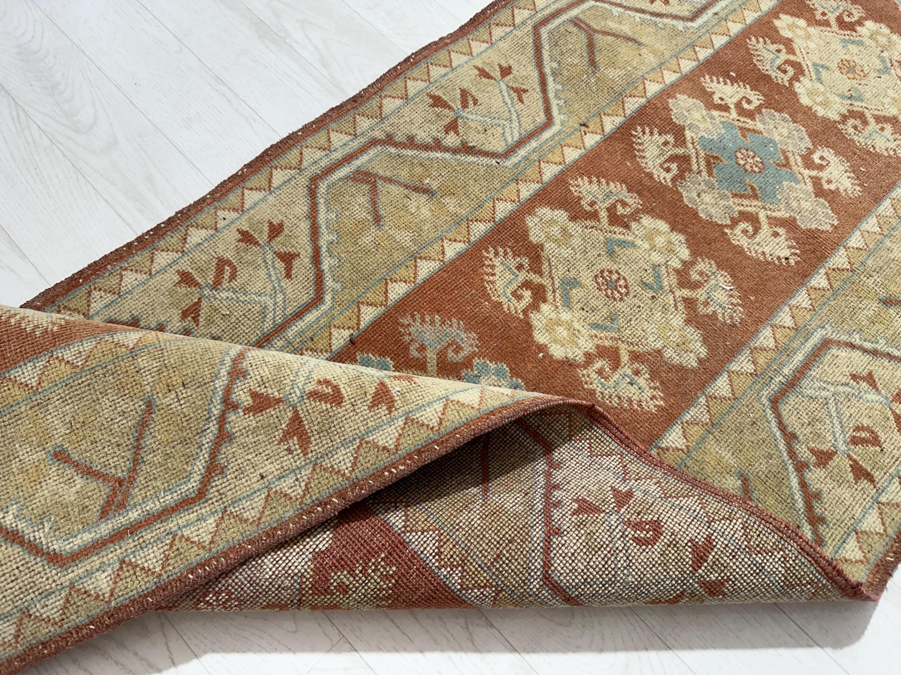 Handmade 3x9 Red Green Blue Vintage Runner, Natural 3x9 Wool Turkish Runner, Oushak Kitchen Entry Hallway Living Room Rug,2.6x9.0 Ft
