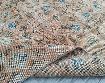 Faded Red & Blue Oushak Runner Rug: 3.4x6.9 Ft Organic Wool