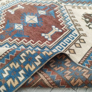 One Of a Kind 3x6 Beige Red Blue Turkish Runner Rug, Unique 3x6 Vintage Runner, Turkish Kitchen Kids Entryway Hallway Bedroom Rug,3.1x5.8 Ft