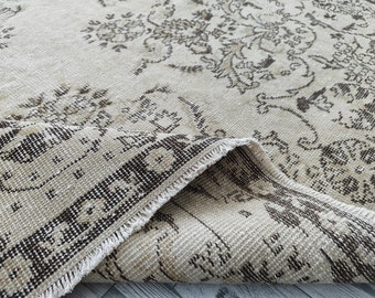 Alfombra turca de lana beige y marrón de 6x9 pies - Estilo Oushak vintage