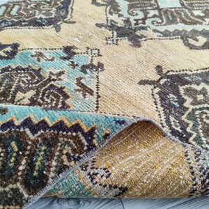 3x12 Yellow Brown Blue Navy Vintage Runner Rug, 3x12 Turkish Runner, Oushak Kitchen Kids Entry Hallway Bedroom Living Room Rug,3.0x11.8 Ft