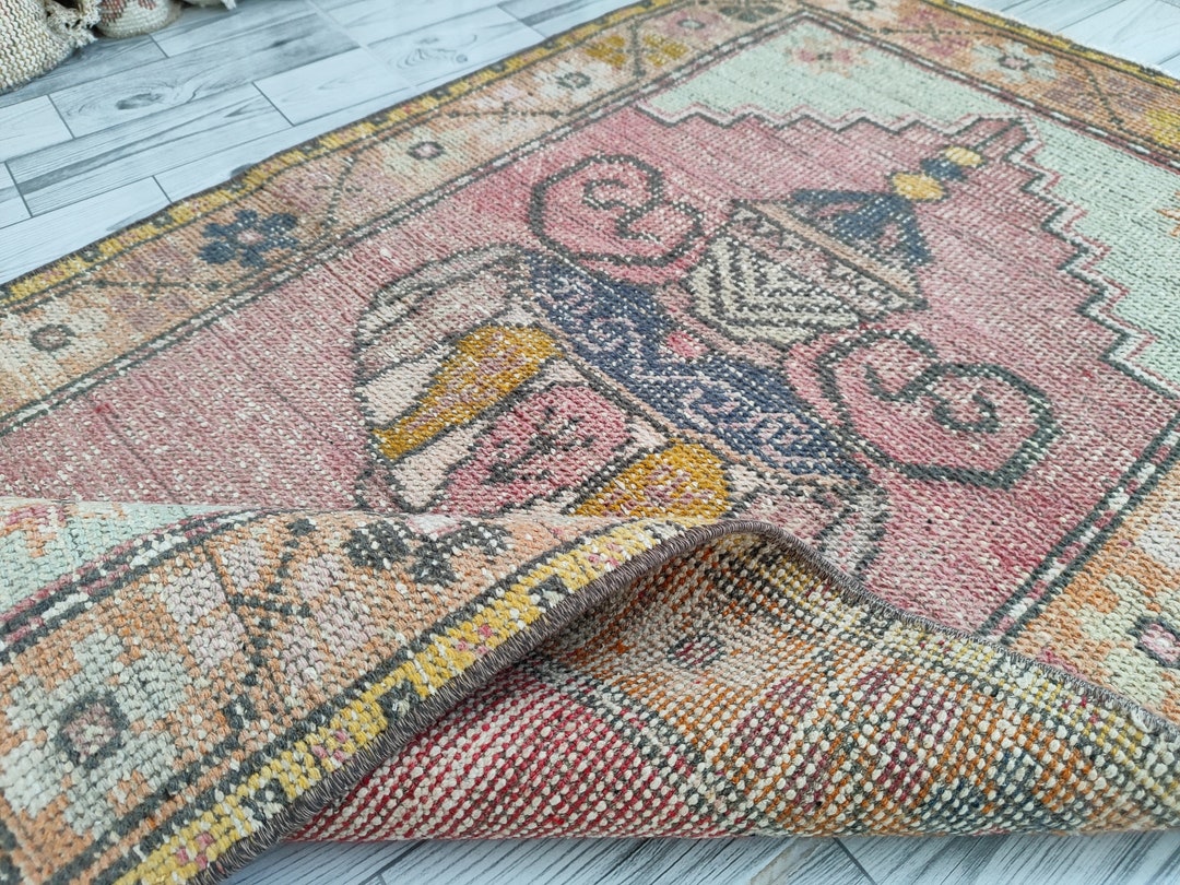 2x4 Pink Blue Orange Turkish Rug, 2x4 Vintage Small Rug, Oushak Kitchen ...