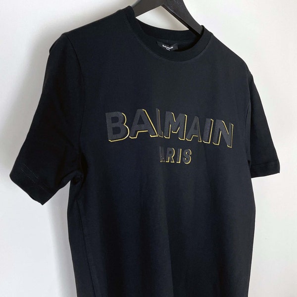Vintage Balmain Black T-shirt With Goldish and Black Text Size XL