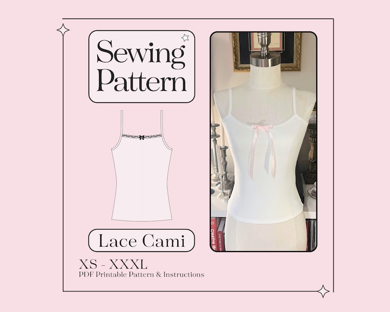 Pu&ograve; includere: Un cartamodello per un top in pizzo. Il cartamodello include istruzioni ed &egrave; disponibile nelle taglie XS - XXXL. L'immagine mostra un top bianco in pizzo con un bordo in pizzo e un fiocco sul d&eacute;collet&eacute;.