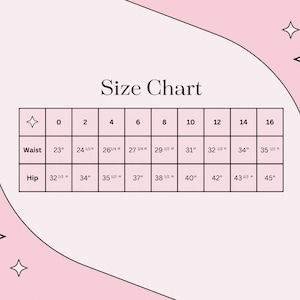 May include: A size chart for clothing with measurements in inches. The chart shows waist and hip measurements for sizes 0 through 16.