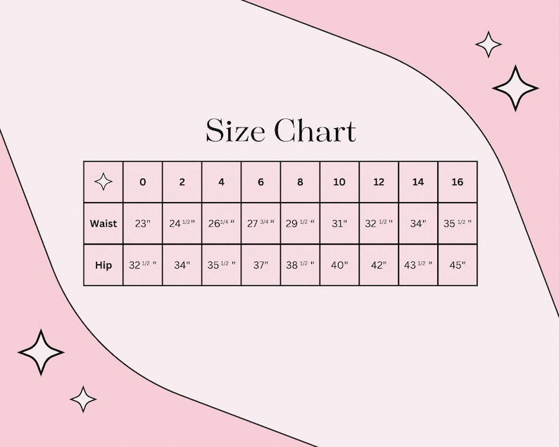 May include: A size chart for clothing with measurements in inches. The chart shows waist and hip measurements for sizes 0 through 16.