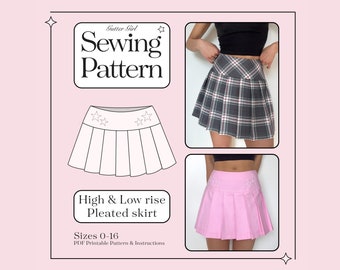 Pleated Mini Skirt Pattern PDF | Print at home | Sizes 0-16 | Instant download | High & Low Rise With Star Embroidery