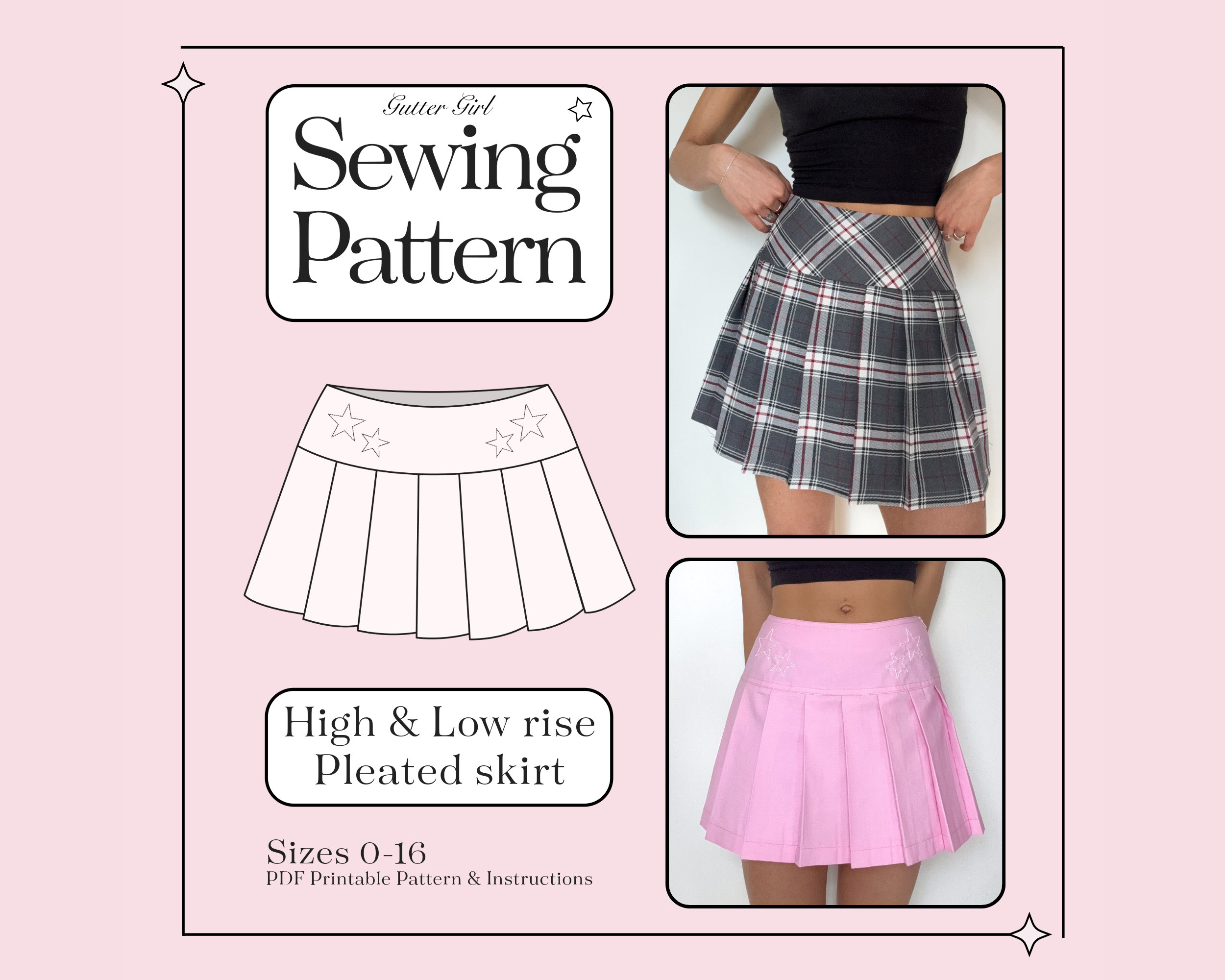 Pleated Mini Skirt Sewing Pattern High Low Rise Star Embroidery 
