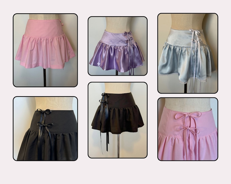 May include: Five different mini skirts with ribbon ties at the back. The skirts are in pink, purple, light blue, black, and dark pink.