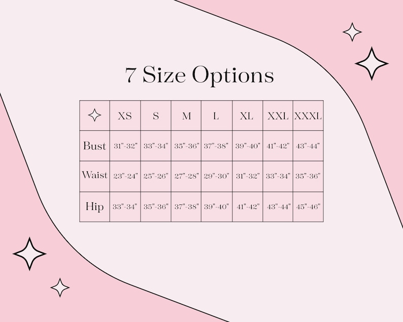 Pu&ograve; includere: Una tabella di taglie con sette opzioni di taglia per abbigliamento: XS, S, M, L, XL, XXL e XXXL. La tabella elenca le misure di busto, vita e fianchi in pollici.