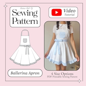 Pode incluir: Um molde de costura para um avental Ballerina Apron com um desenho técnico e uma foto de um avental branco com bolso, laço na cintura e bainha com babados em xadrez azul claro. O texto diz Gutter Girl Sewing Pattern, Video Tutorial.