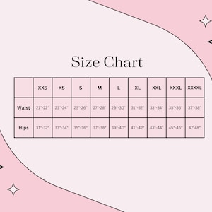 Puede incluir: Tabla de tallas para ropa con medidas en pulgadas para la cintura y las caderas. Las tallas que se indican son XXS, XS, S, M, L, XL, XXL, XXXL y XXXXL.