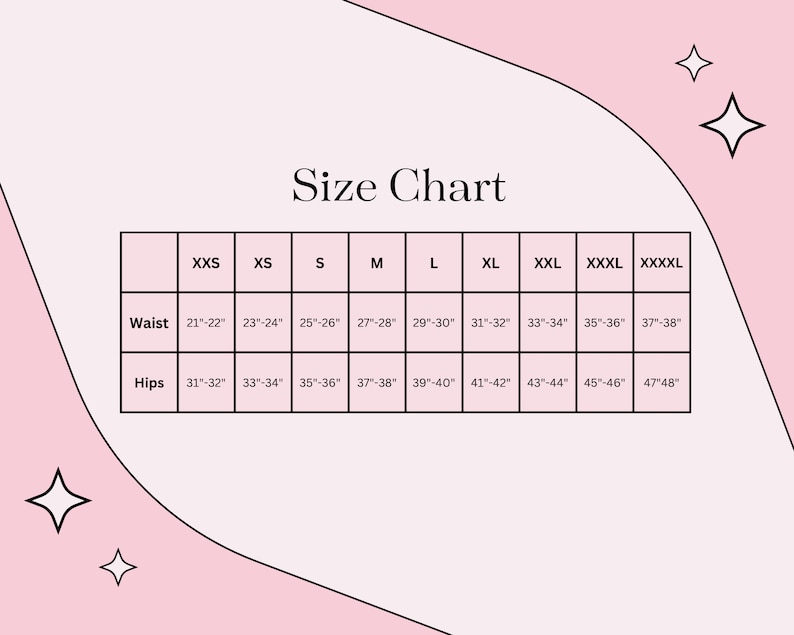 Puede incluir: Tabla de tallas para ropa con medidas en pulgadas para la cintura y las caderas. Las tallas que se indican son XXS, XS, S, M, L, XL, XXL, XXXL y XXXXL.