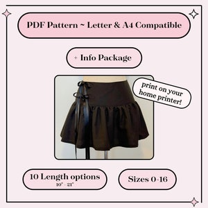 May include: A black skirt sewing pattern with a bow detail. The pattern is available in 10 lengths from 10 to 21 inches and sizes 0-16. The pattern is compatible with letter and A4 paper sizes and can be printed at home.