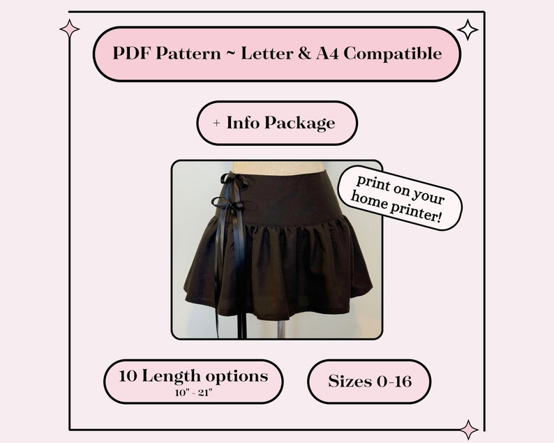 May include: A black skirt sewing pattern with a bow detail. The pattern is available in 10 lengths from 10 to 21 inches and sizes 0-16. The pattern is compatible with letter and A4 paper sizes and can be printed at home.
