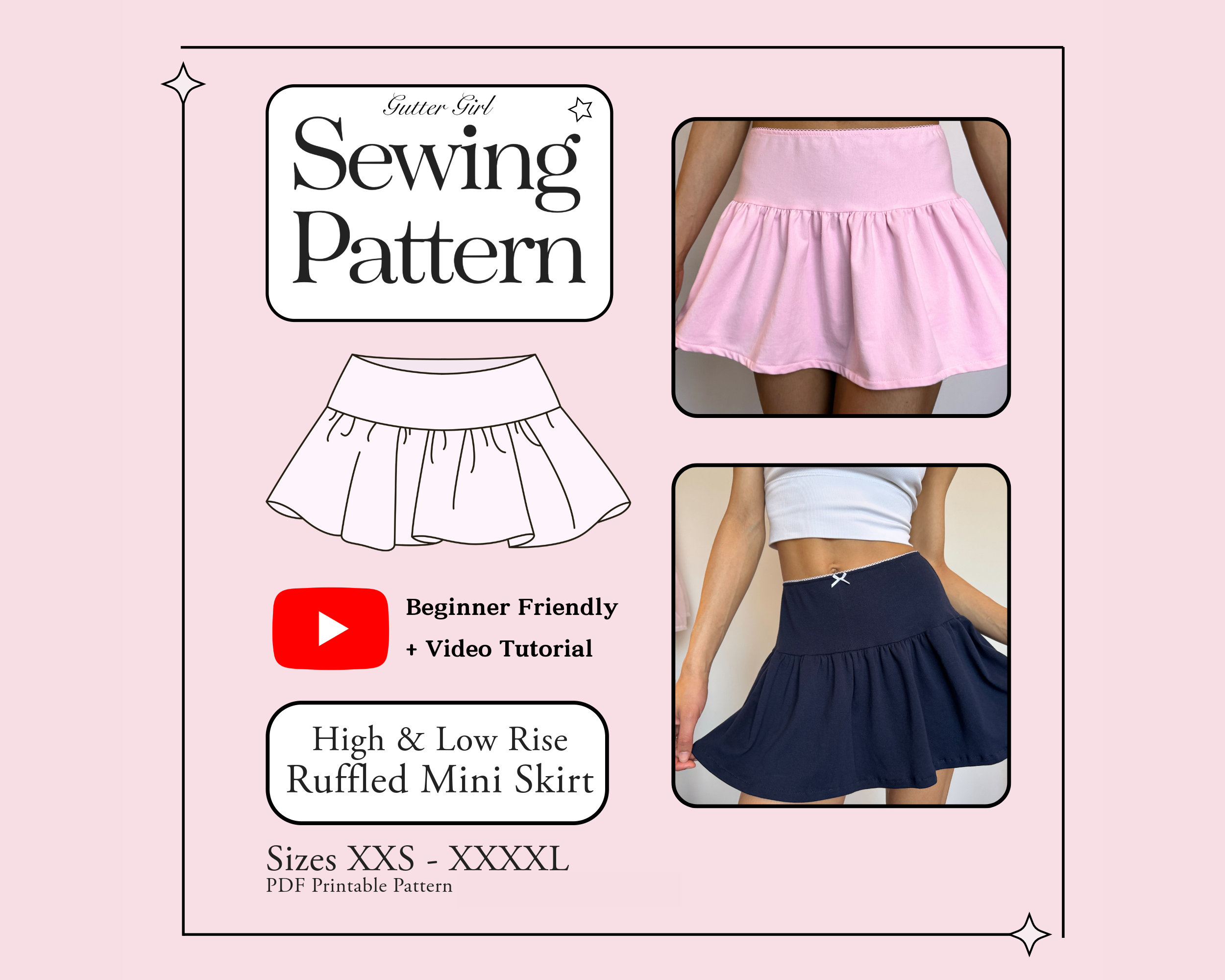 Stretch Ruffled Mini Skirt Pattern | Video + Print at home PDF | Sizes XXS- XXXXL | High & Low Rise Stretchy Skirt | with YouTube tutorial