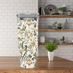 Vaso personalizado de 30 oz con diseño de hongo Cottagecore, vaso de viaje personalizado para amantes de los hongos, botella de agua con diseño de bosque oscuro botánico místico, regalo
