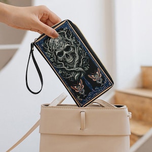 Cartera gótica con diseño de calavera de bruja y tarot, cartera gótica, regalo para los amantes, cartera gótica con diseño de polilla, para amantes de los esqueletos, cartera para tarjetas de crédito