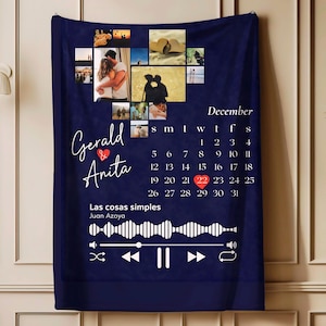Custom Photo collage Blanket with scannable music gift for Couple wife birthday, Personalized Family Photo memories Throw with soundwave art