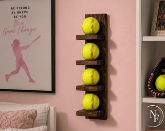 FREE SHIPPING | Handmade Vertical Wood Softball Display | Wall Mounted | 2-5 Balls | 8 Finishes | Coaches Gift