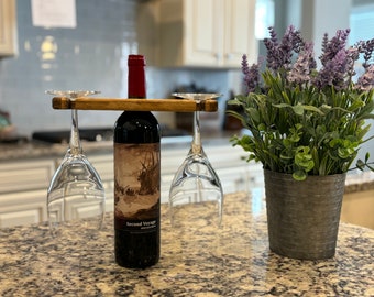 Wine Bottle Topper, Wine Glass Holder, Gift, Kitchen Decor, Handmade Wood, Wine, Date night, Pine