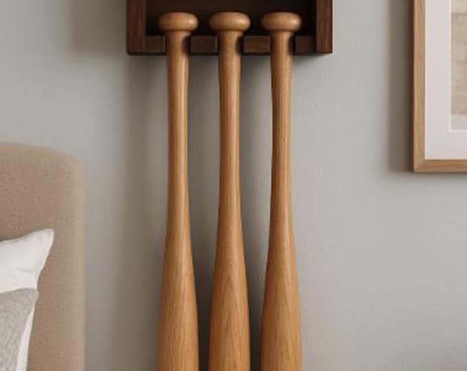 FREE SHIPPING | Handmade Wood Baseball Bat Display | Wall Mounted | Holds Bats & Balls | 8 Finishes | Father's Day Gift