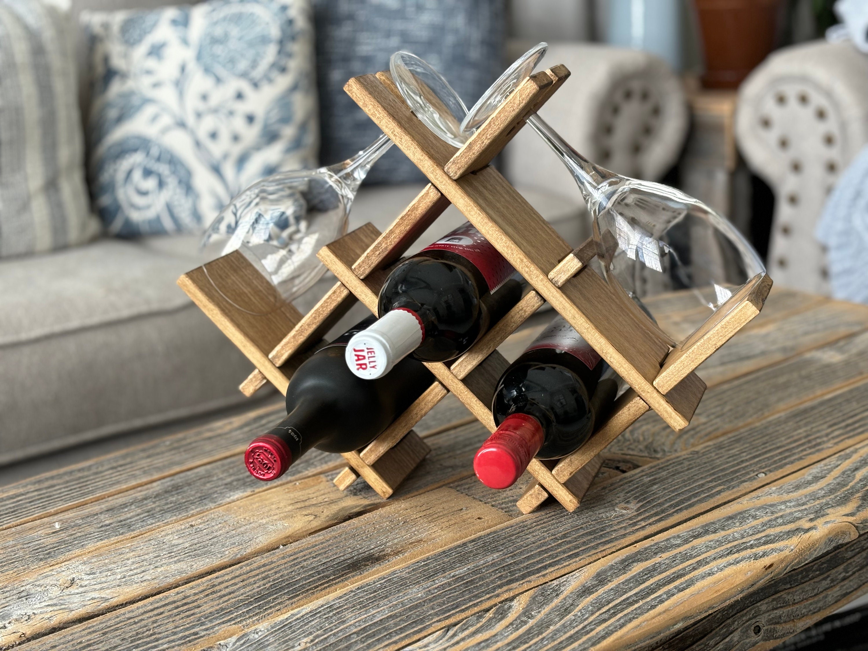 Countertop Wine and Glasses Holder, Wood Wine Rack, 3 Bottle Wine Display, Handmade Decor, Custom Wine Holder, Wood Gift, Wine Organizer