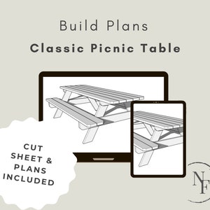May include: Digital plans for building a classic picnic table. The plans include a cut sheet and instructions. The image shows a 3D rendering of the table.