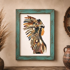 May include: A framed wall art print featuring a profile silhouette of a person wearing a large, elaborate headdress made of numerous multi-colored feathers in shades of brown, tan, black, and white, enclosed in a distressed teal wooden frame.
